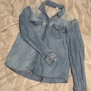Mudd Light Blue Denim Top with Lace Accents